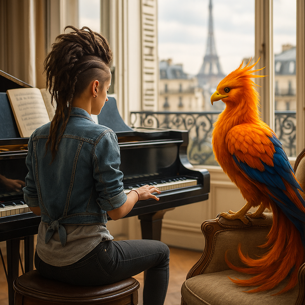 A boy soaring high in the sky on a phoenix