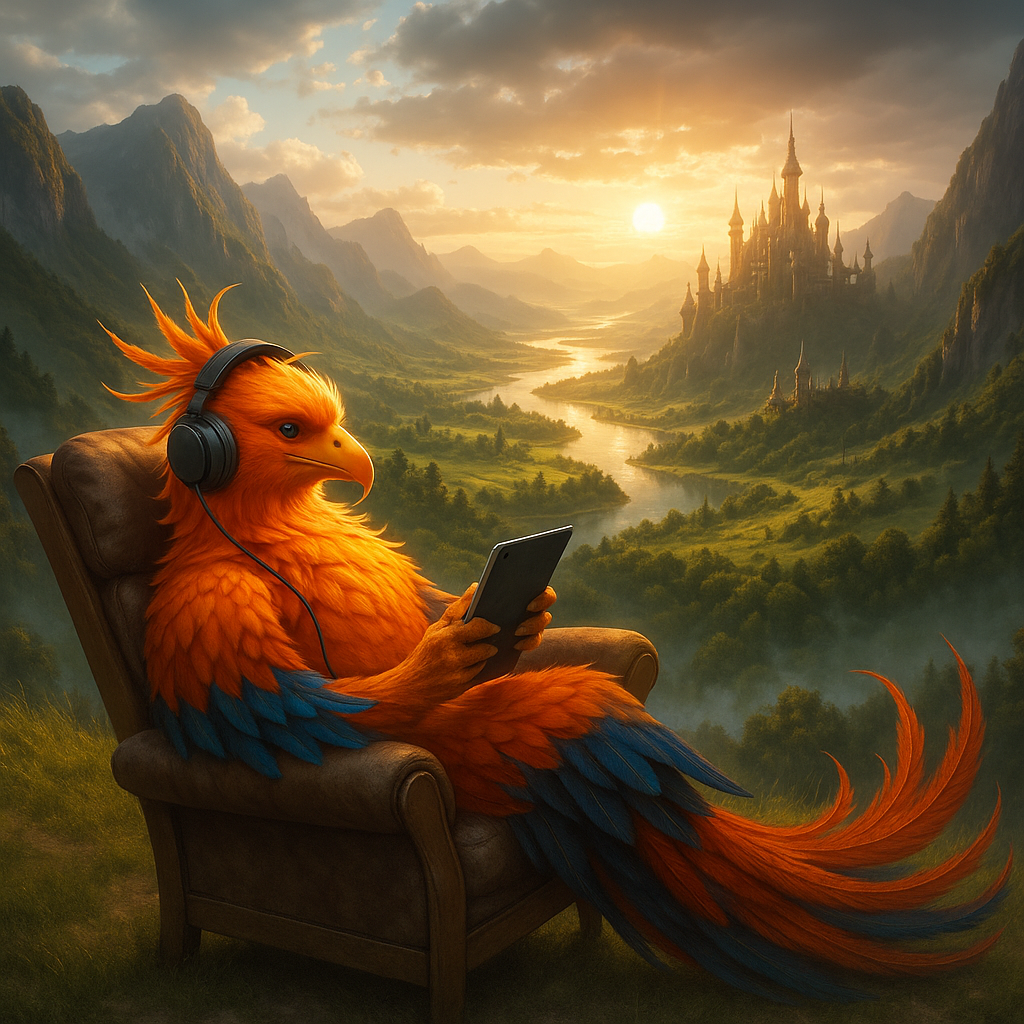 A boy soaring high in the sky on a phoenix